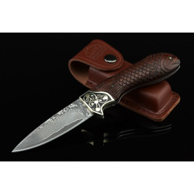 Damascus Blade Fish Copper and Ebony Handle Tactical Folding Utility Camping Hunting Pocket Knife UD401101